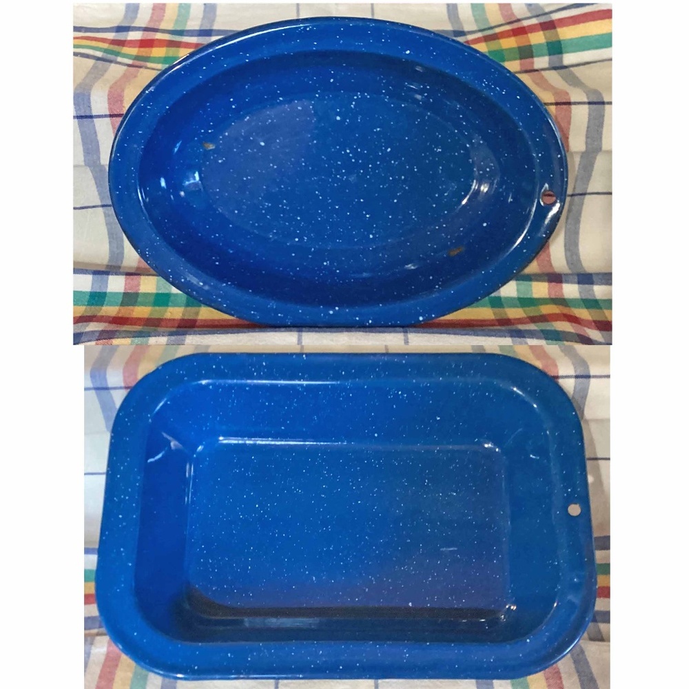 Enamelware Two Serving Bowls Blue Speckle